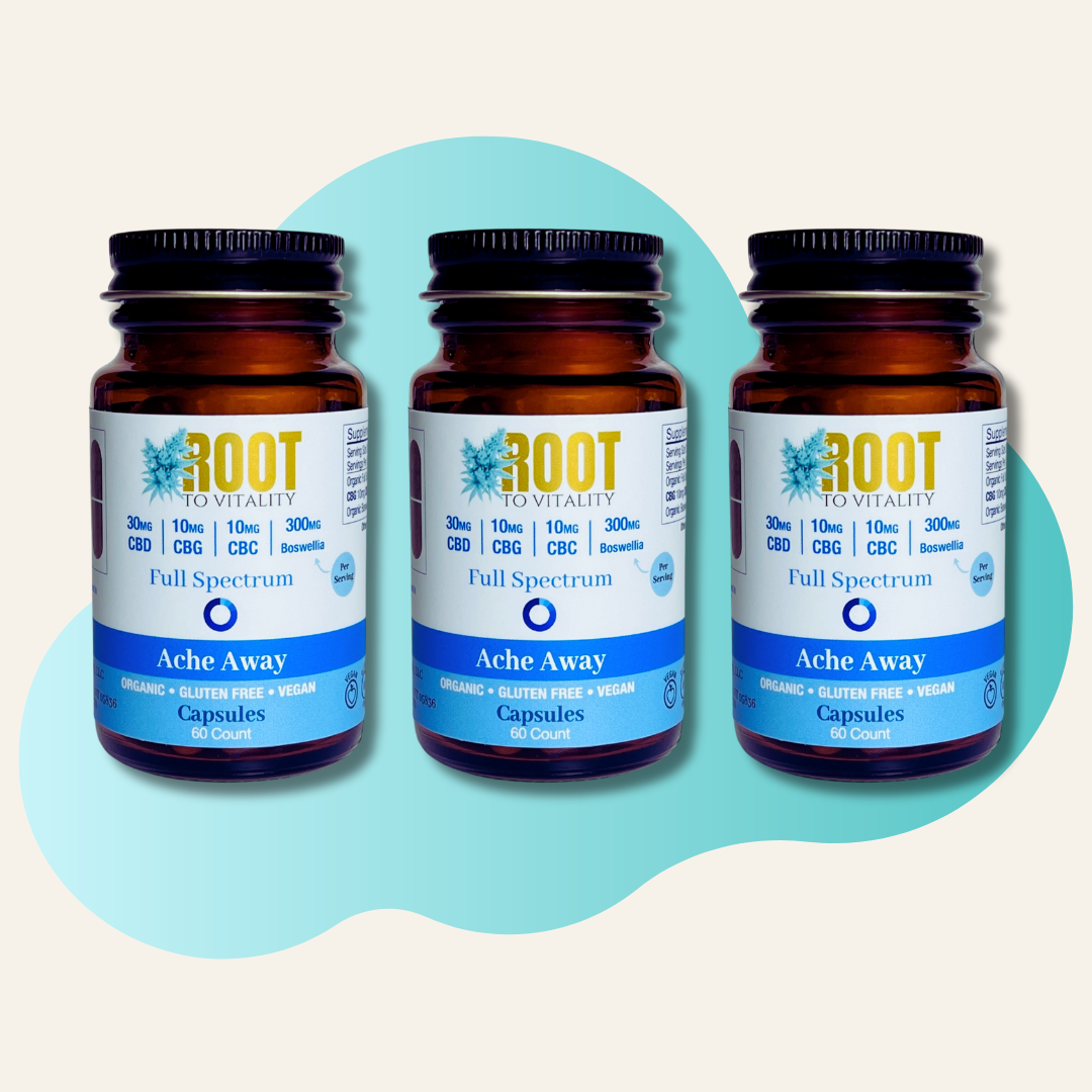 Three bottles of Root to Vitality Ache Away Capsules (CBD + CBG + CBC + Boswellia) on a light blue background.
