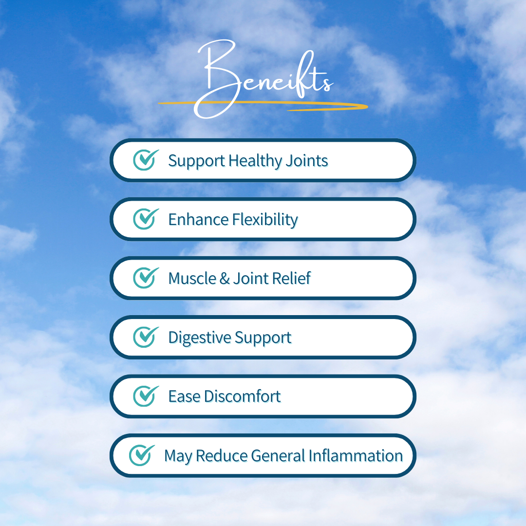 Ache Away Capsules (CBD + CBG + CBC + Boswellia) health benefits listed with blue sky background.