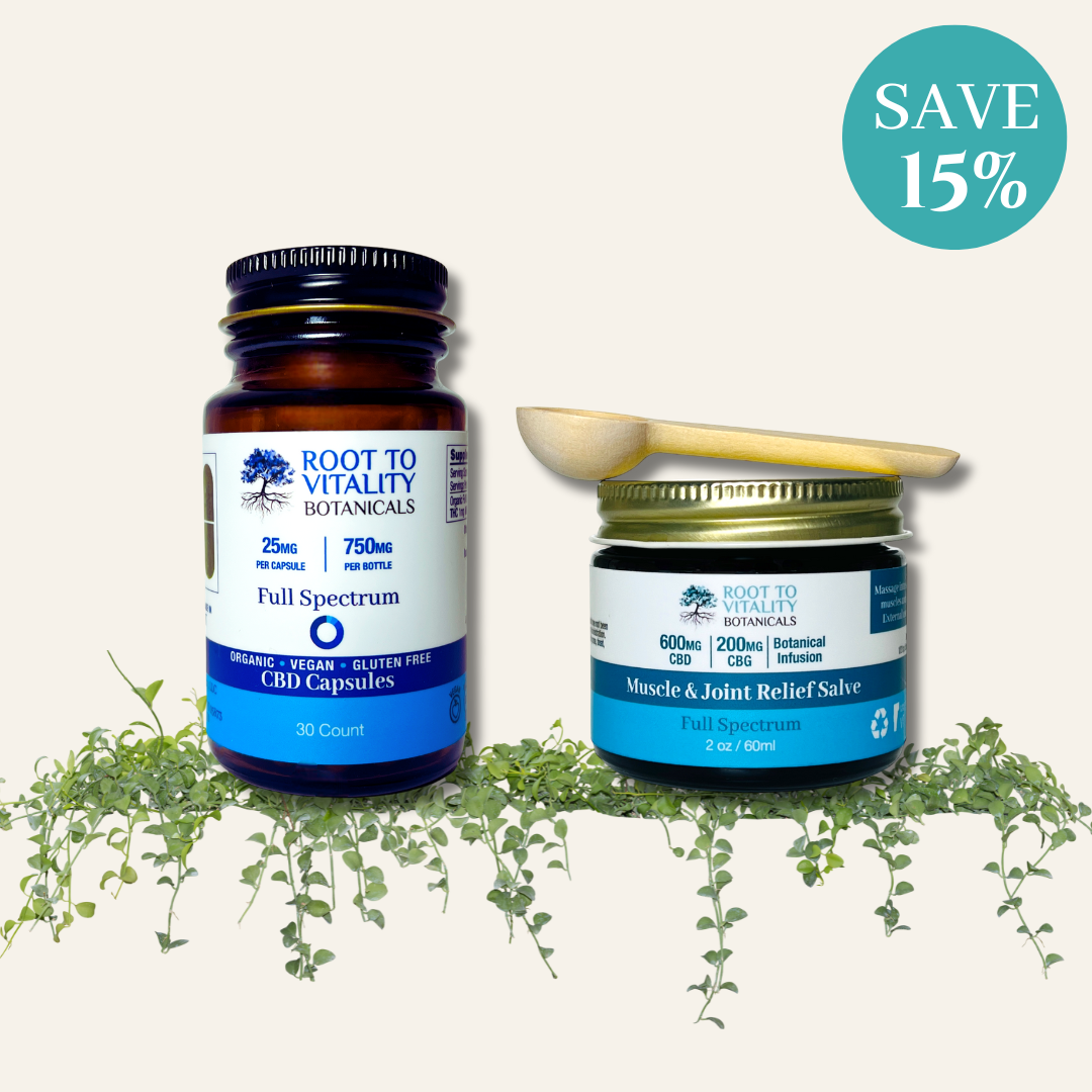 Organic & Vegan 25MG CBD Capsules + Muscle & Joint Relief Salve (600MG CBD | 200MG CBG | Botanical Infusion) 