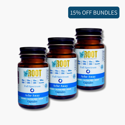 Three bottles of Root To Vitality Ache Away Capsules (CBD + CBG + CBC + Boswellia) with a 15% Off discount sticker.