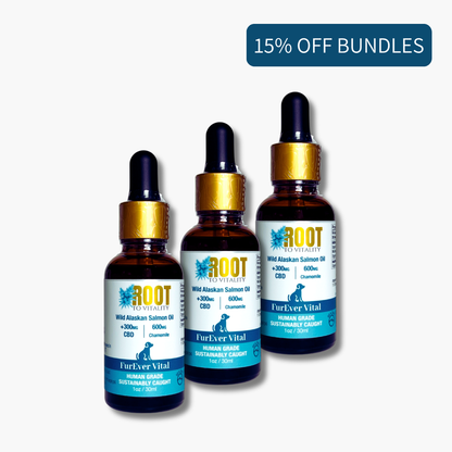 Bundle & Salve: FurEver Vital Pet Tincture that contains Wild Alaskan Salmon Oil, CBD, and Chamomile. Save 15% when you purchase 3. 