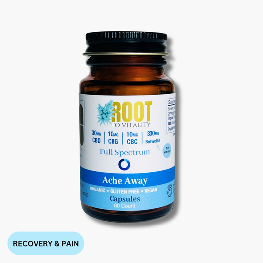 Root To Vitality Ache Away Capsules in an amber glass bottle, formulated with full spectrum CBD, CBG, CBC and Boswellia for recovery and comfort.