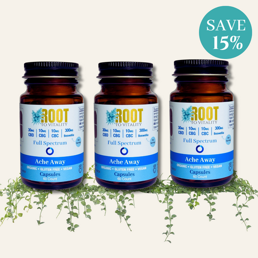 Three bottles of Root To Vitality Ache Away Capsules (CBD + CBG + CBC + Boswellia) with a 15% Off discount sticker.