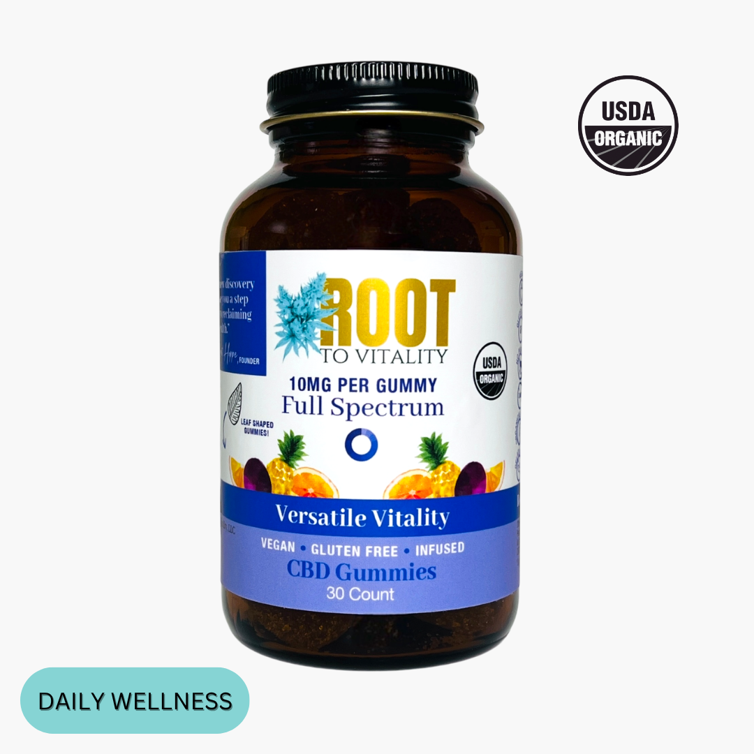 Root To Vitality Versatile Vitality Full Spectrum CBD Gummies in an amber glass bottle, featuring 10MG CBD per gummy for daily wellness support.