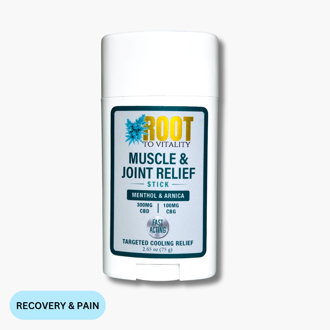 Root To Vitality Muscle & Joint Relief Stick with 300mg CBD and 100mg CBG, featuring menthol and arnica for targeted cooling relief.