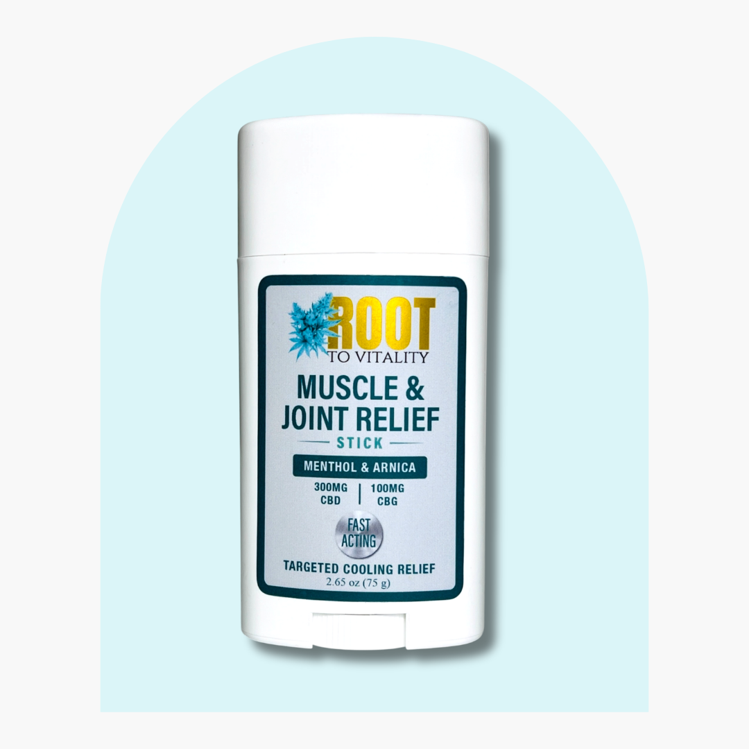 Root To Vitality Muscle & Joint Relief Stick with 300mg CBD and 100mg CBG, featuring menthol and arnica for targeted cooling relief.