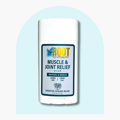 Root To Vitality Muscle & Joint Relief Stick with 300mg CBD and 100mg CBG, featuring menthol and arnica for targeted cooling relief.