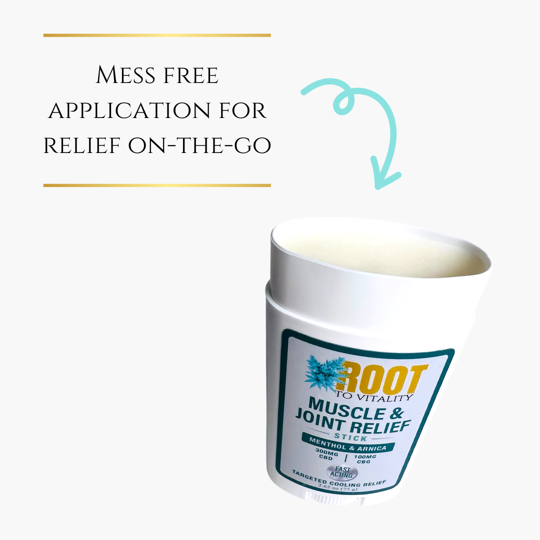 Root To Vitality Muscle & Joint Relief Stick shown open for mess-free, on-the-go application, featuring menthol and arnica with 300mg CBD and 100mg CBG.