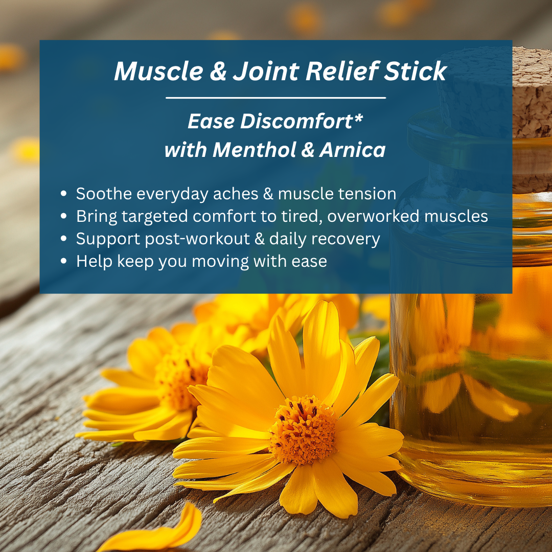 Muscle & Joint Relief Stick benefits graphic featuring arnica flowers and botanical oil, highlighting soothing everyday aches, muscle tension, and supporting post-workout recovery.