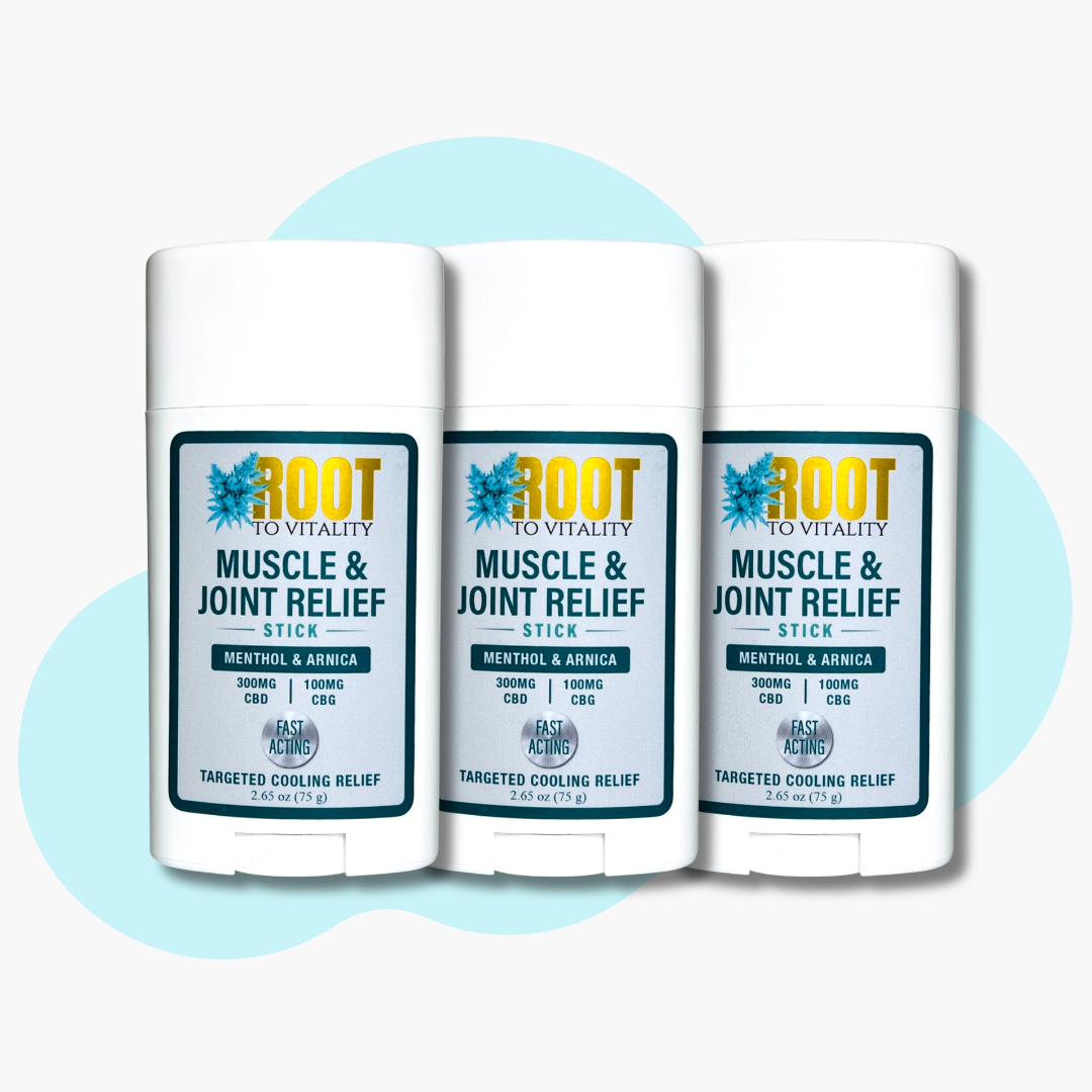 Three Root To Vitality Muscle & Joint Relief Sticks featuring CBD, CBG, menthol and arnica, offered as a 15% off bundle.