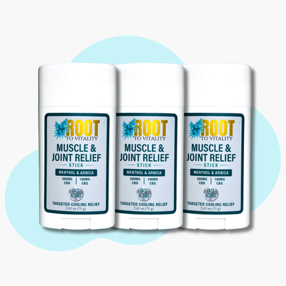 Three Root To Vitality Muscle & Joint Relief Sticks featuring CBD, CBG, menthol and arnica, offered as a 15% off bundle.