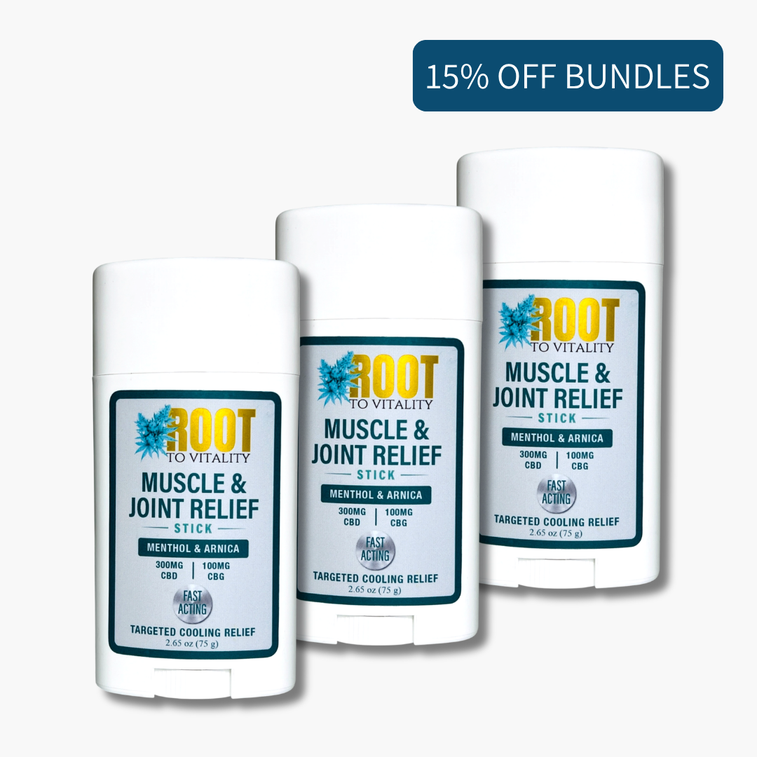 Three Root To Vitality Muscle & Joint Relief Sticks featuring CBD, CBG, menthol and arnica, offered as a 15% off bundle.