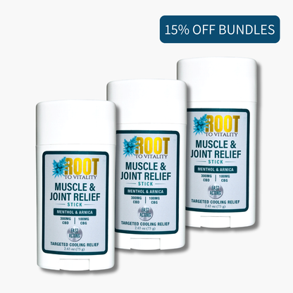 Three Root To Vitality Muscle & Joint Relief Sticks featuring CBD, CBG, menthol and arnica, offered as a 15% off bundle.