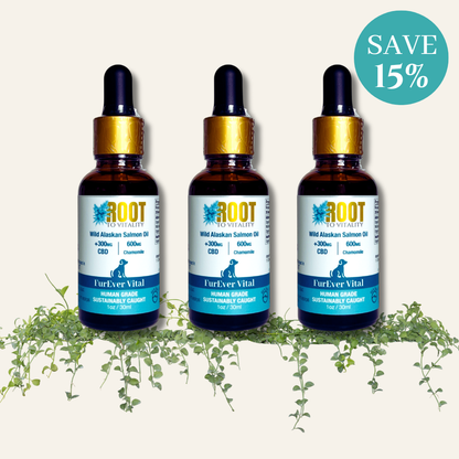 Bundle & Salve: FurEver Vital Pet Tincture that contains Wild Alaskan Salmon Oil, CBD, and Chamomile. Save 15% when you purchase 3. 
