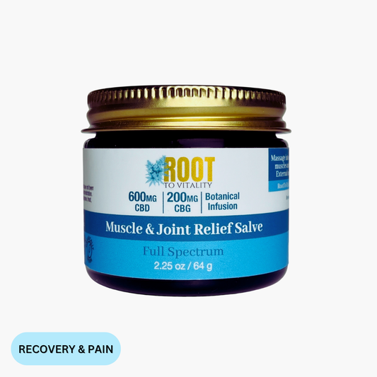 Root To Vitality Muscle & Joint Relief Salve in an amber glass jar, featuring 600MG CBD, 200MG CBG and a botanical infusion for targeted comfort.