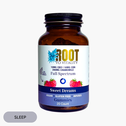 Root To Vitality Sweet Dreams raspberry gummies in an amber glass bottle, featuring Full Spectrum CBD, CBN and organic chamomile for sleep support.