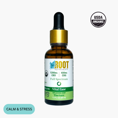 Root To Vitality Vital Ease Full Spectrum tincture in an amber glass dropper bottle, featuring 1200MG CBD and 400MG CBG for calm and stress support.